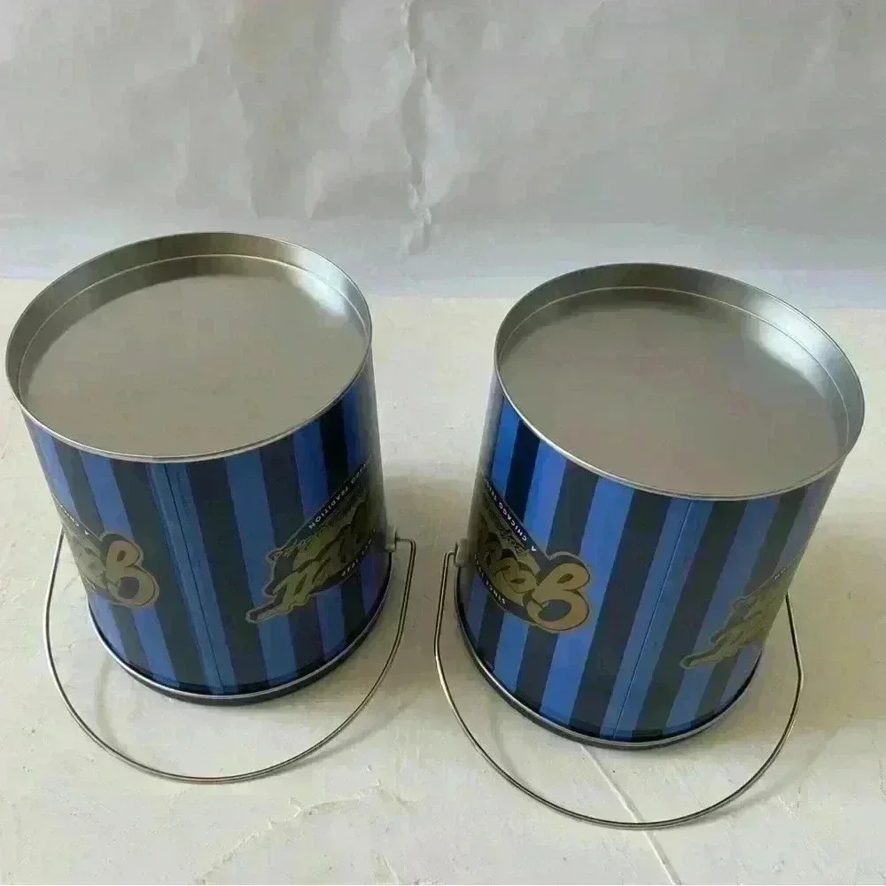 2 Garrett Empty Popcorn Tin Can Blue Stripe 7